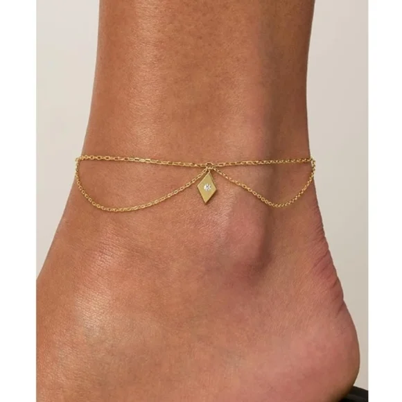 14K Gold Plated Charm Link Chain CZ Boho Adjustable Anklet In White Gold - Picture 3 of 4